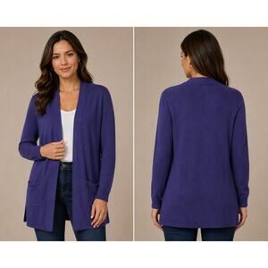 Talbots Open Front Cardigan Sweater Women Medium Blue Long Pocket Knit